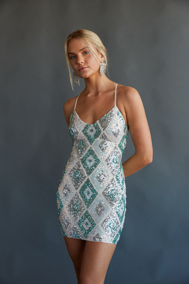 teal and silver sequin mini dress - sparkly party dress - vegas weekend bodycon mini dress