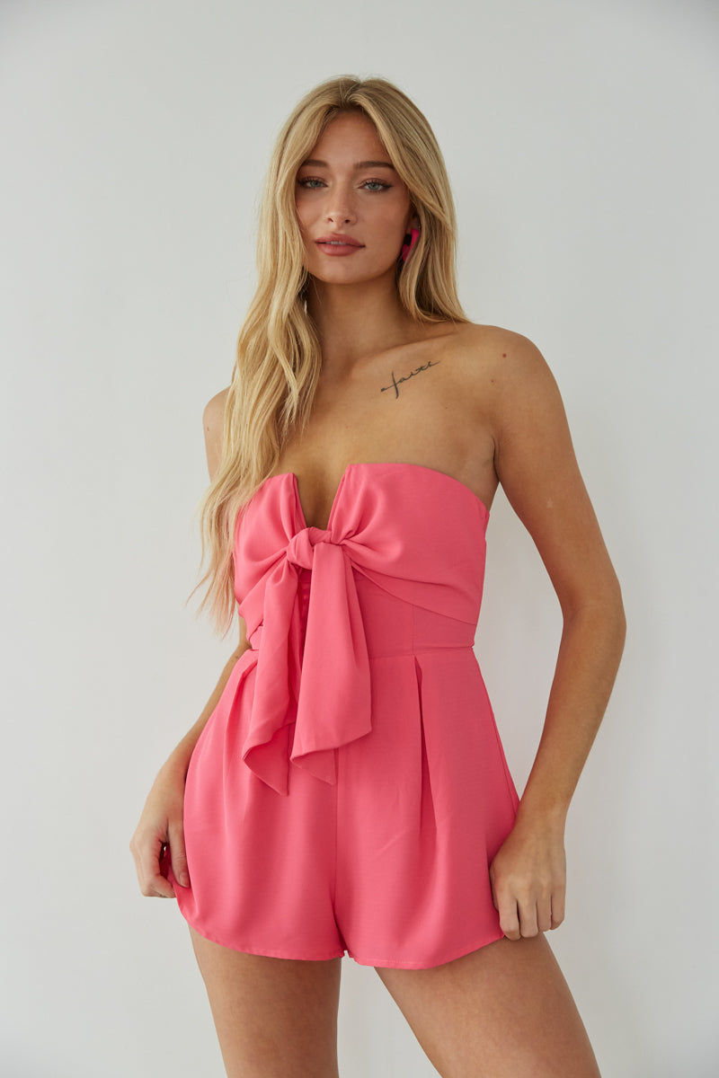 pink-image | strapless tie front romper - bright pink romper - birthday outfit inspo