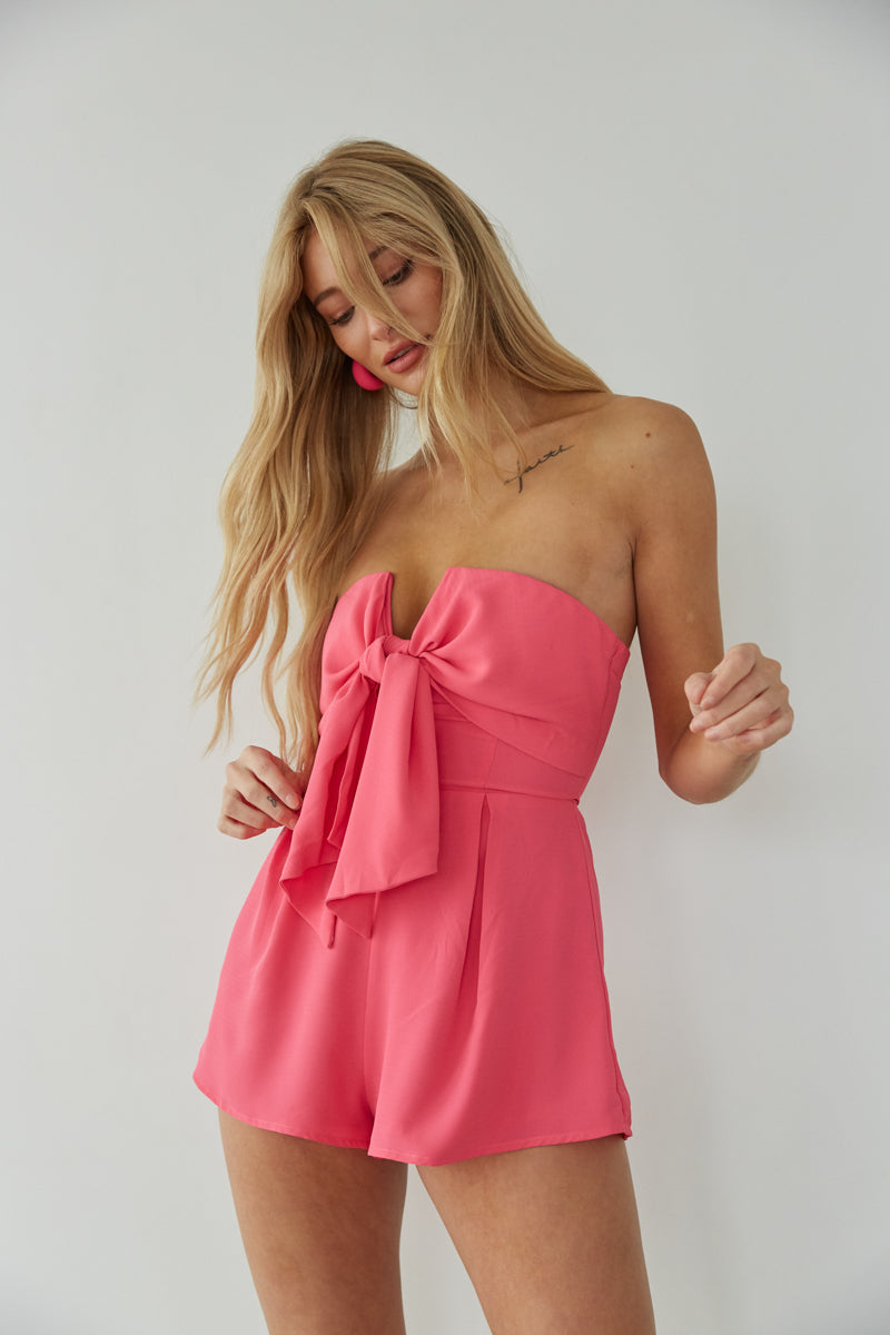 pink tie front romper - strapless barbie inspired romper - barbie core outfit inspo