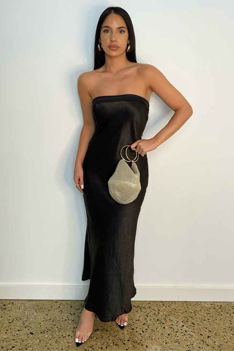 black strapless midi dress by runaway the label | dinner party dress inspo | formal prom dress | wedding guest outfit 