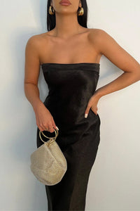 runaway the label black midi dress with strapless folded over neckline | date night dress inspo | prom dress | black-image