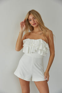 white strapless ruffle romper - romper  for bachelorette party - bridal shower outfit inspo