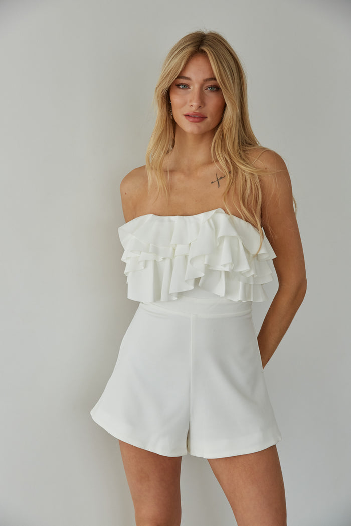 white strapless ruffle romper - sorority recruitment outfit - bride to be outfit inspo | white-image
