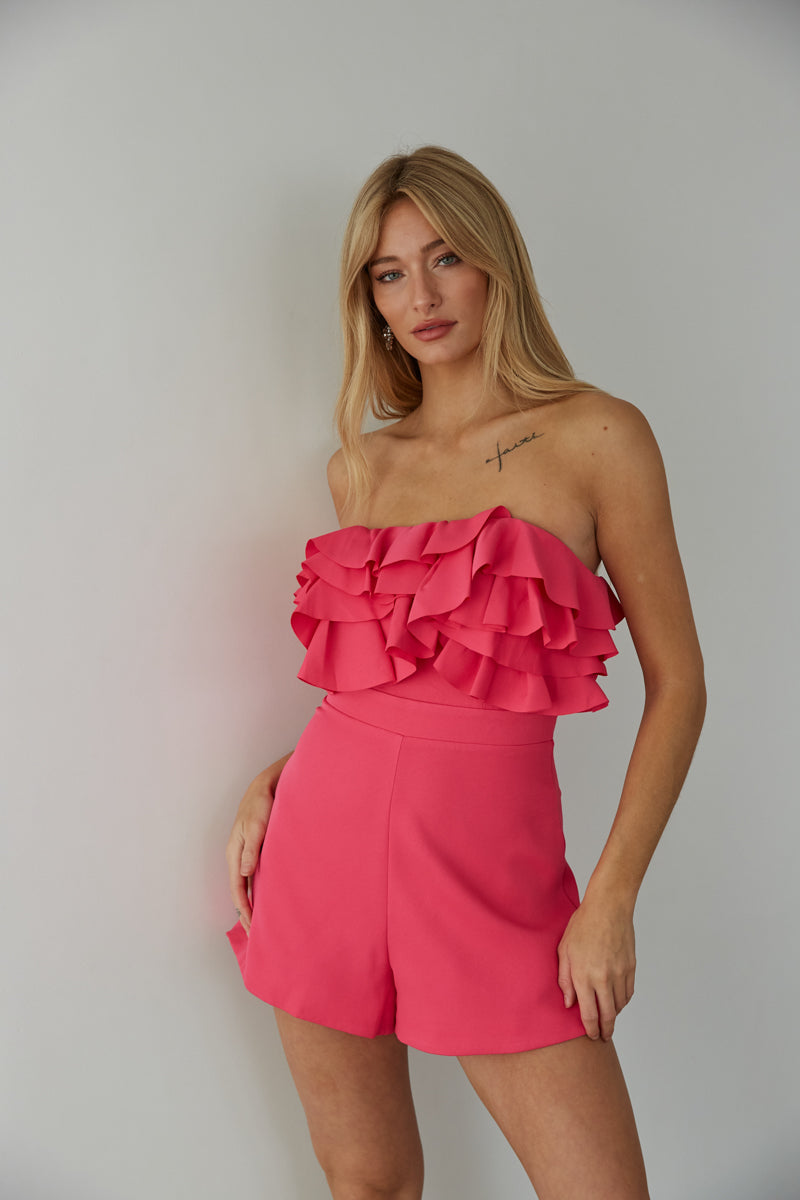 pink tiered ruffle romper - strapless romper in barbie pink - pink outfits for sorority recruitment