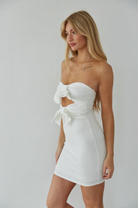white sorority recruitment dress inspo - double bow front bodycon dress - white strapless rush dress