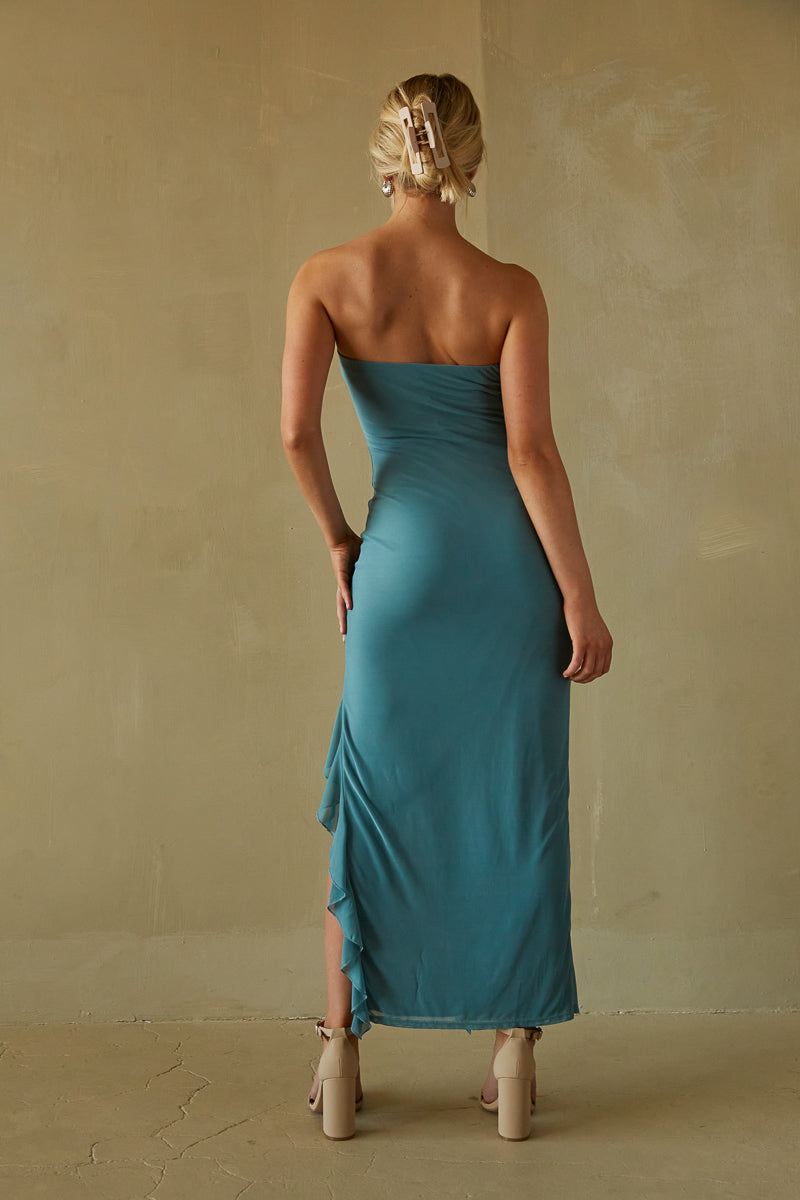 blue green strapless mini dress with rose applique - rosette midi dress - prom 