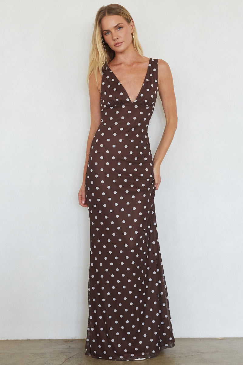 Lettie Mesh Maxi Dress, Brown / XS