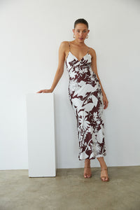Leyla Floral Satin Maxi Dress Shop American Threads Online Boutique Brown Floral / XS Leyla Floral Satin Maxi Dress Shop American Threads Online Boutique Brown Floral / XS