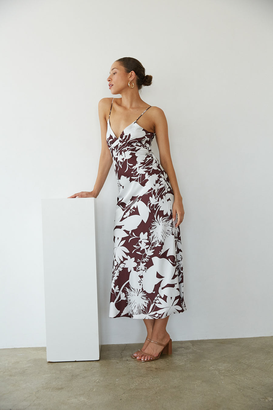 Leyla Floral Satin Maxi Dress Shop American Threads Online Boutique Brown Floral / XS Leyla Floral Satin Maxi Dress Shop American Threads Online Boutique Brown Floral / XS