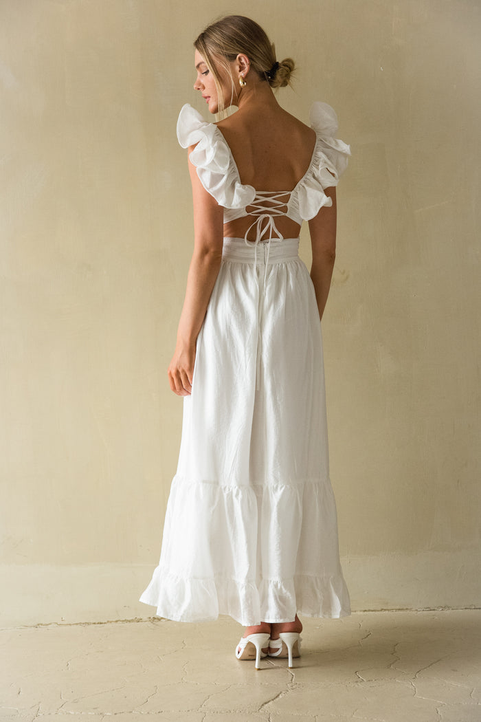 Back view | white ruffle strap open back flowly maxi dress | Bridal dress