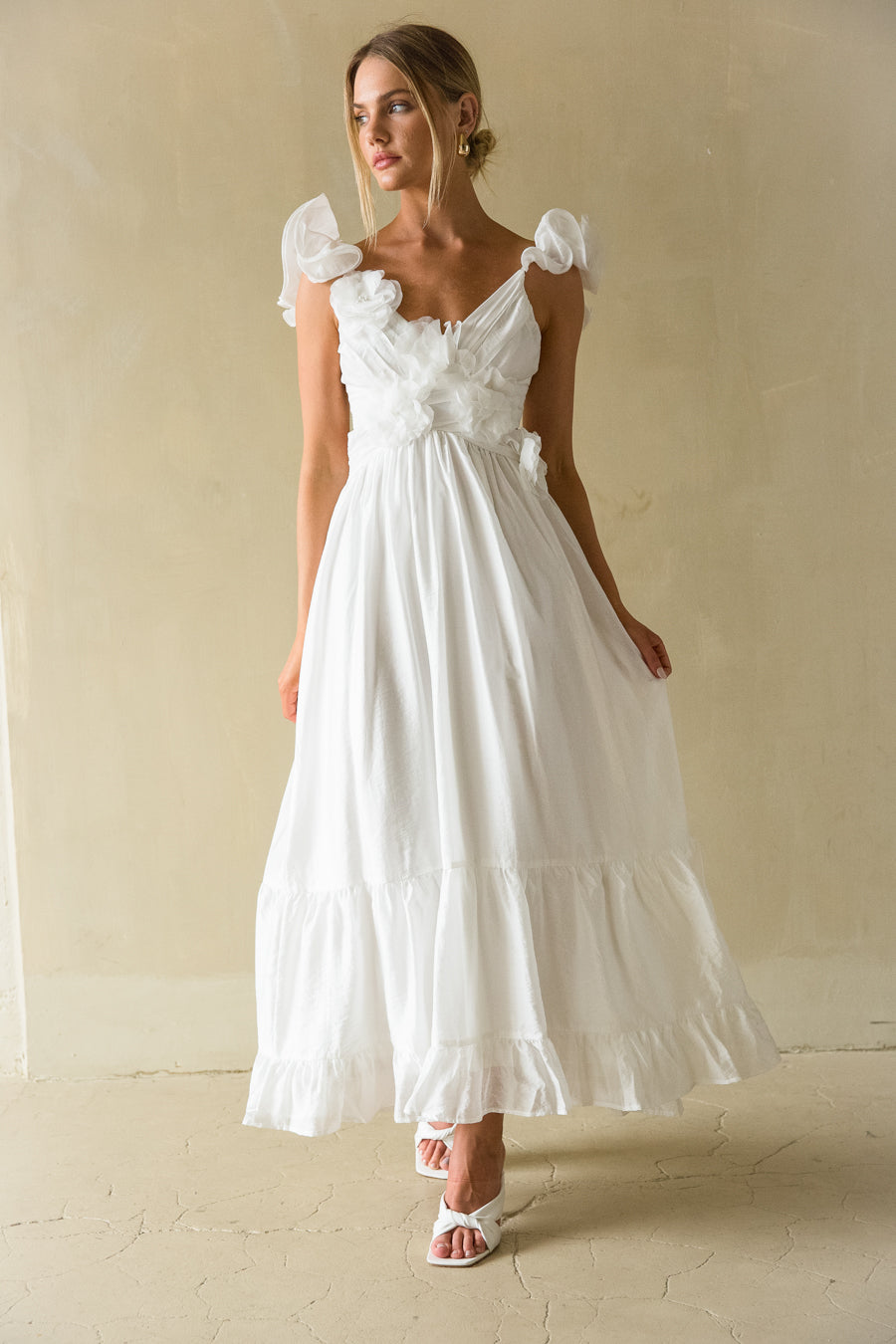 Front view | white ruffle strap open back flowly maxi dress | Bridal dress