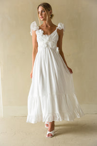 Front view | white ruffle strap open back flowly maxi dress | Bridal dress