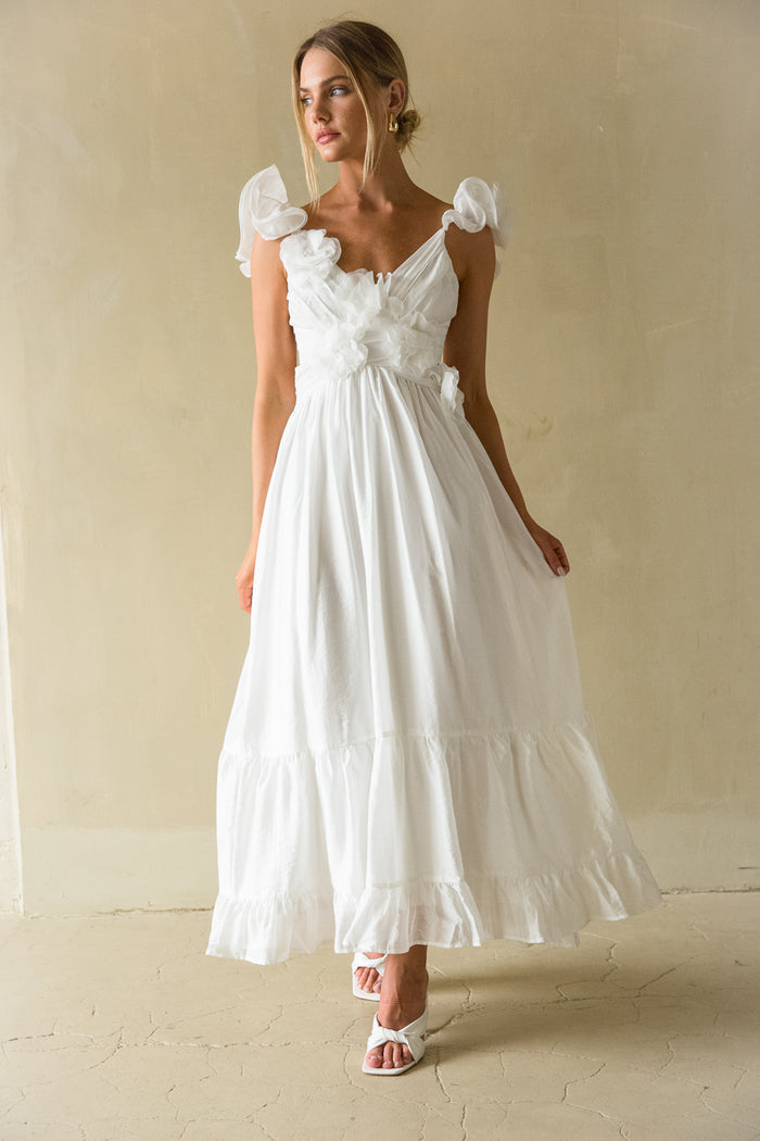 Front view | white ruffle strap open back flowly maxi dress | Bridal dress