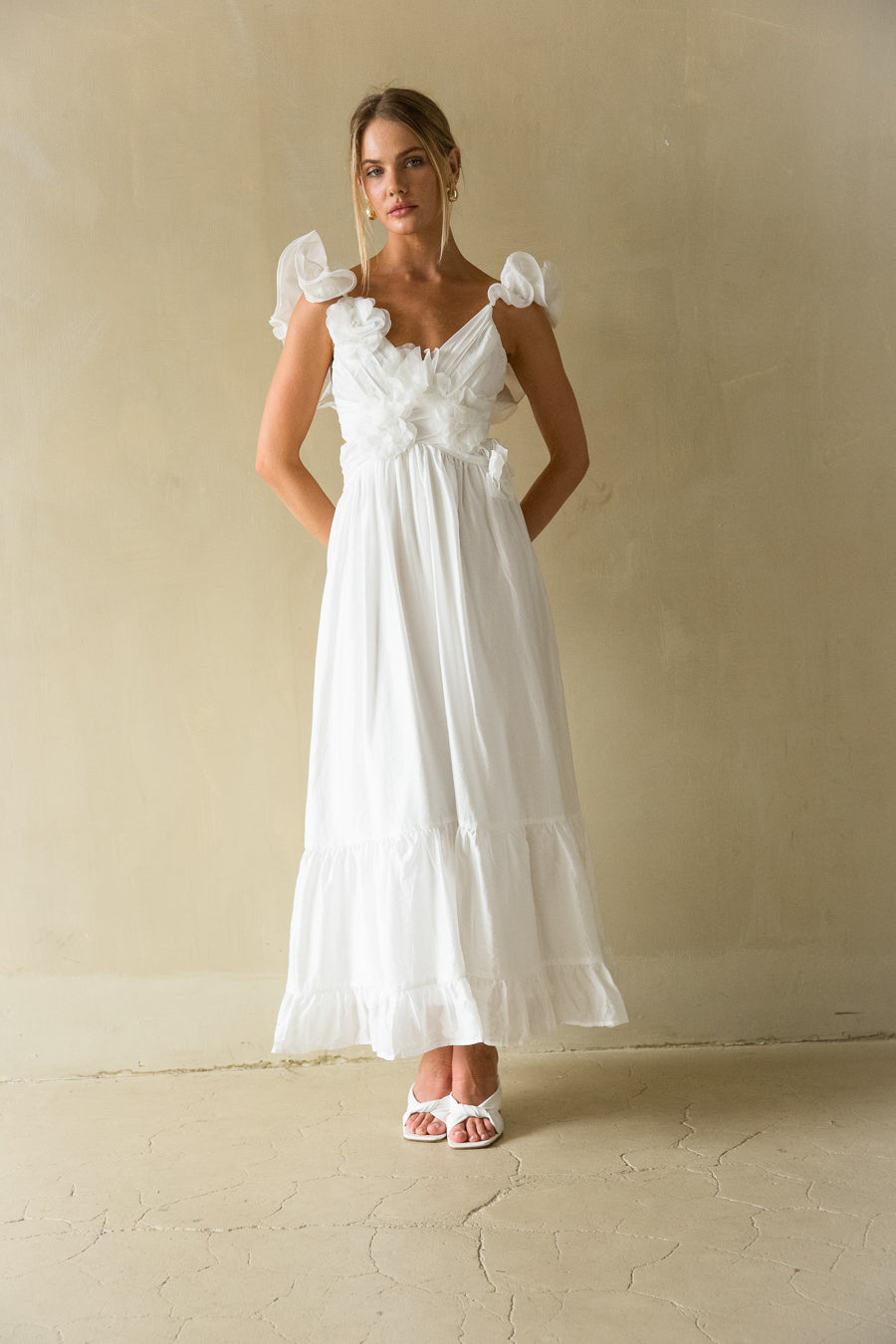 Front view | white ruffle strap open back flowly maxi dress | Bridal dress