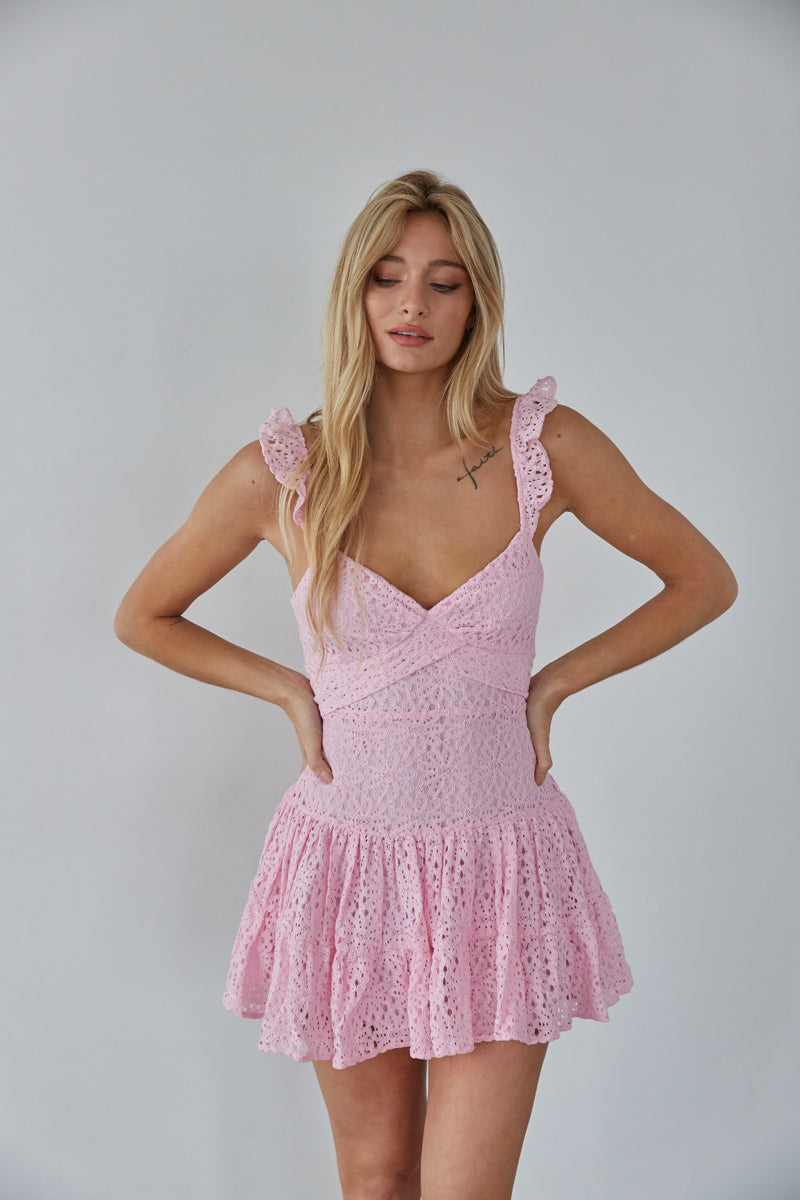 baby pink lace mini dress - light pink bow back romper - what to wear to sorority rush 