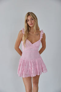 pink-image | lace ruffle sleeve mini dress - light pink lace ruffle romper - sorority rush dress
