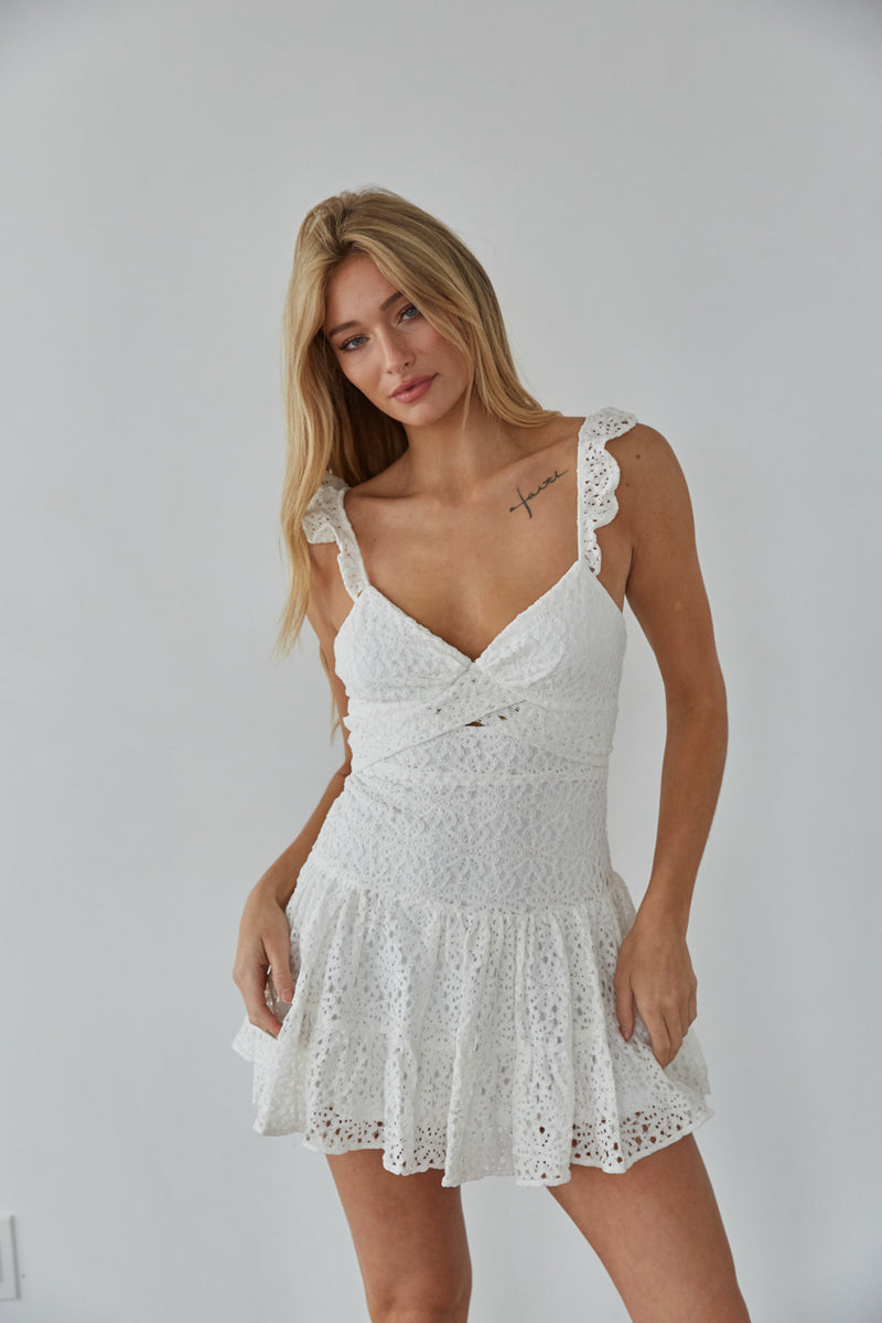 white lace bow back romper - white ruffle sleeve mini dress - unique graduation dress 2024