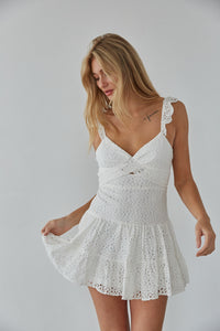 white ruffle strap keyhole cutout drop waist lace mini dress | trendy white mini dress boutique