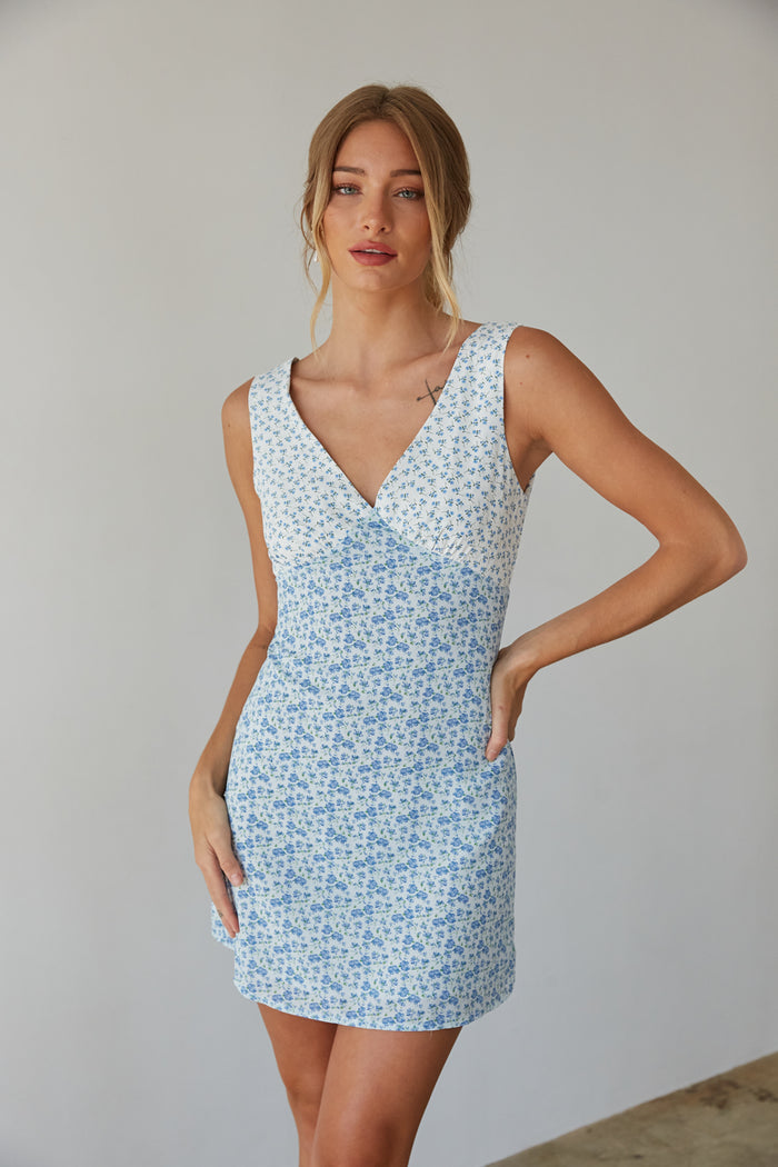 front view | blue ditsy floral mini slip dress | casual summer mini dress
