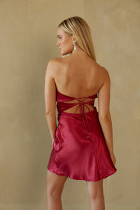 strapless lace up back mini dress in burgundy