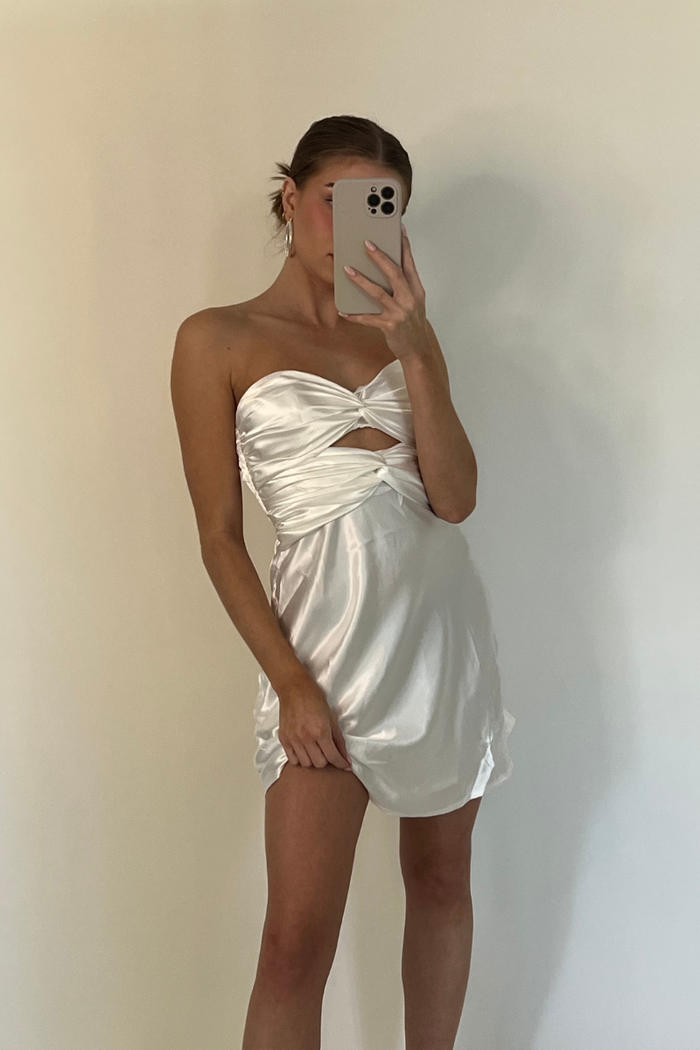 white-image | white double twist mini dress with open back and cutouts  | white mini dresses for rush