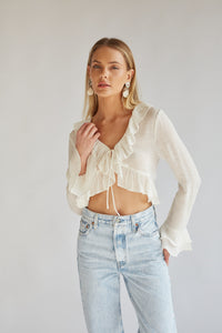 white linen vacation tie front ruffle top with long sleeves | swimsuit cover up top | white vacation top with long sleeves