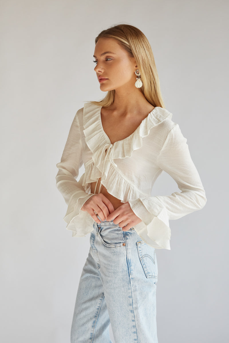 white ruffle long sleeve bridal tie front top | white flowy spring tops | vacation tops
