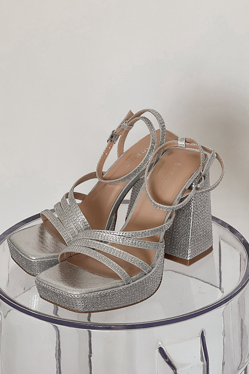 Silver open toe block heeled sandals