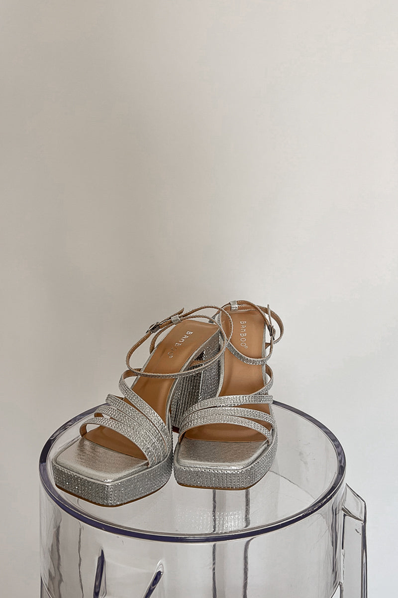 shiny silver metallic rhinestone heels