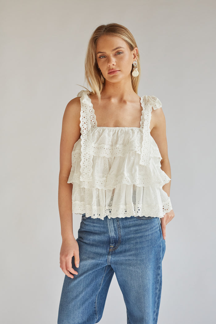 Lupe Eyelet Tiered Ruffle Tie Top