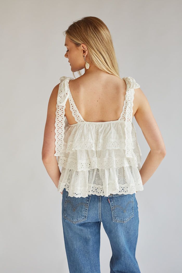 Lupe Eyelet Tiered Ruffle Tie Top