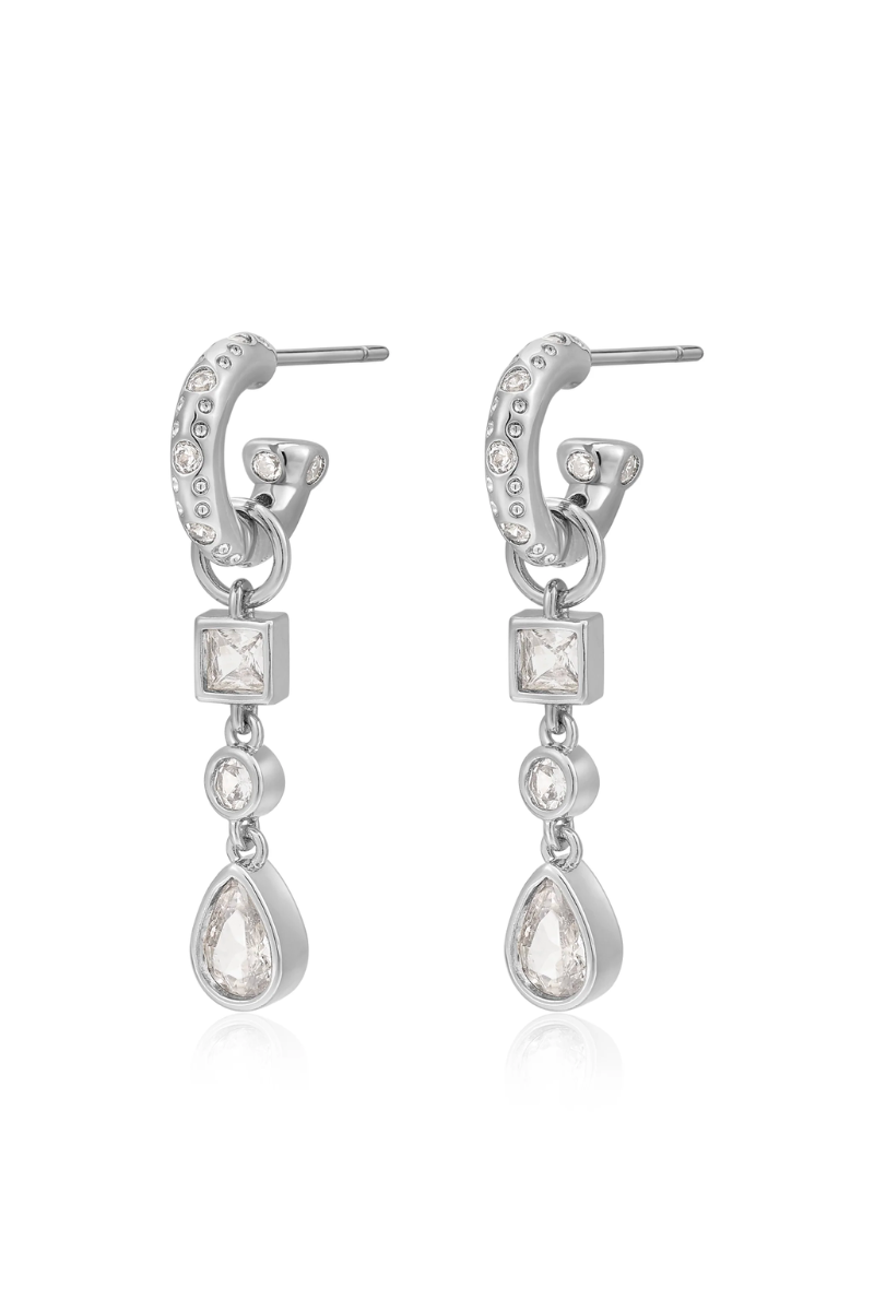 luv aj bezel stone charm huggie earrings in silver