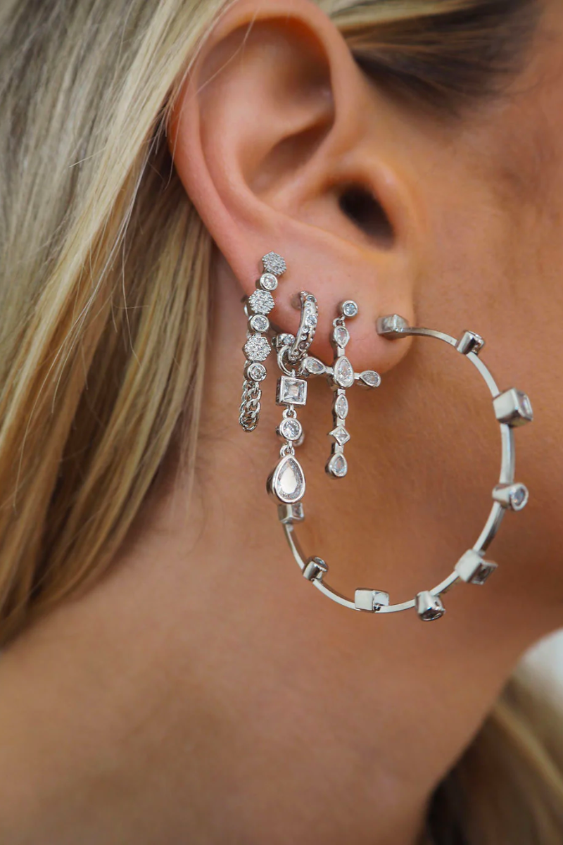 luv aj bezel stone charm huggie earrings in silver