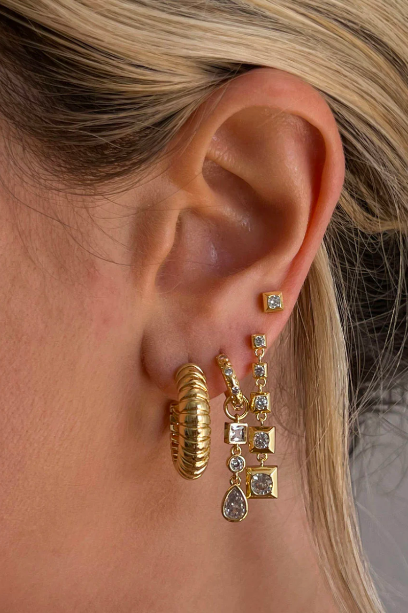 luv aj bezel stone charm huggie earrings in gold