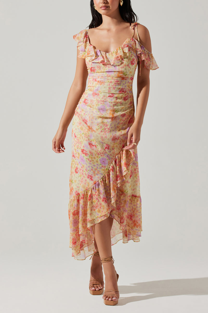 Luvita Floral Ruffle Chiffon Midi Dress