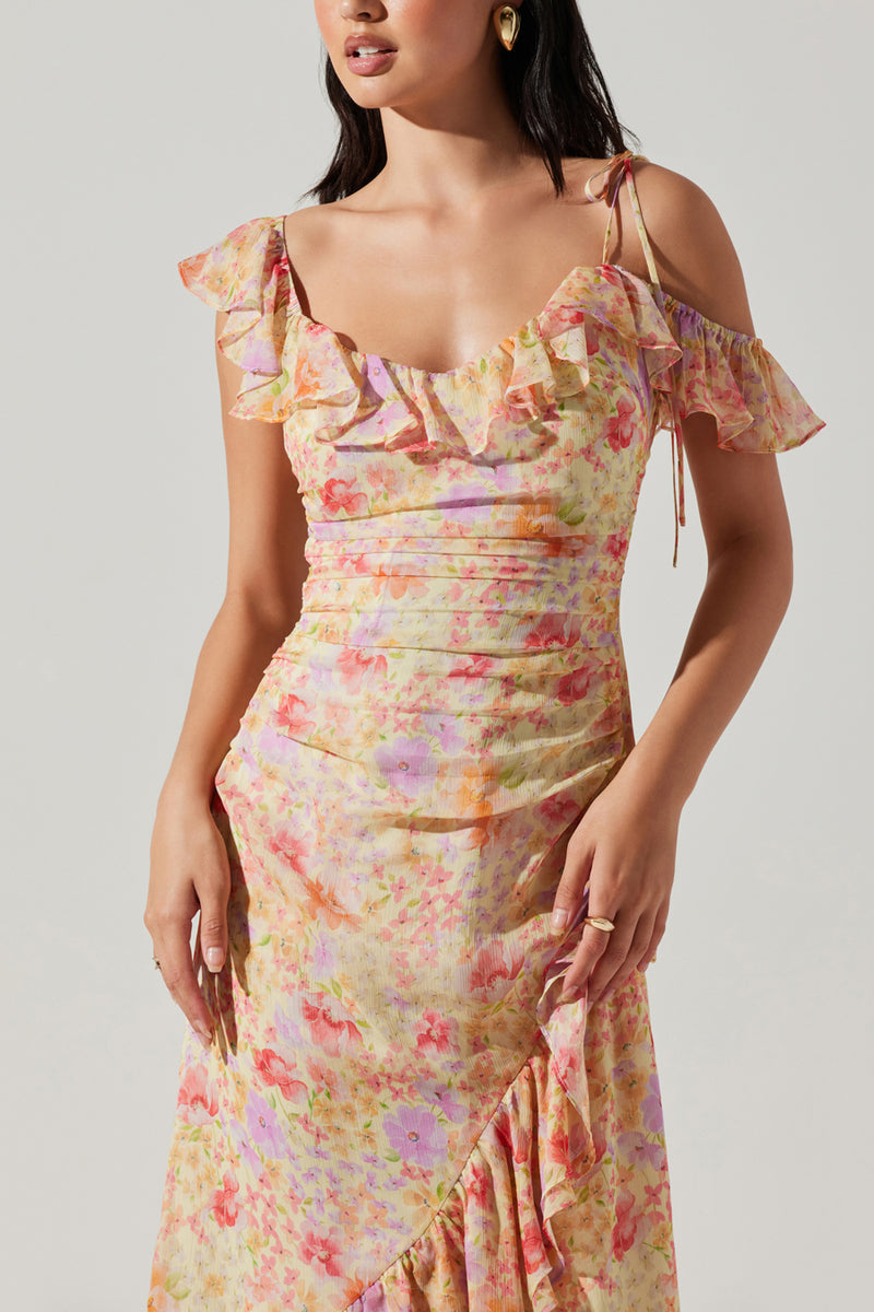 Luvita Floral Ruffle Chiffon Midi Dress