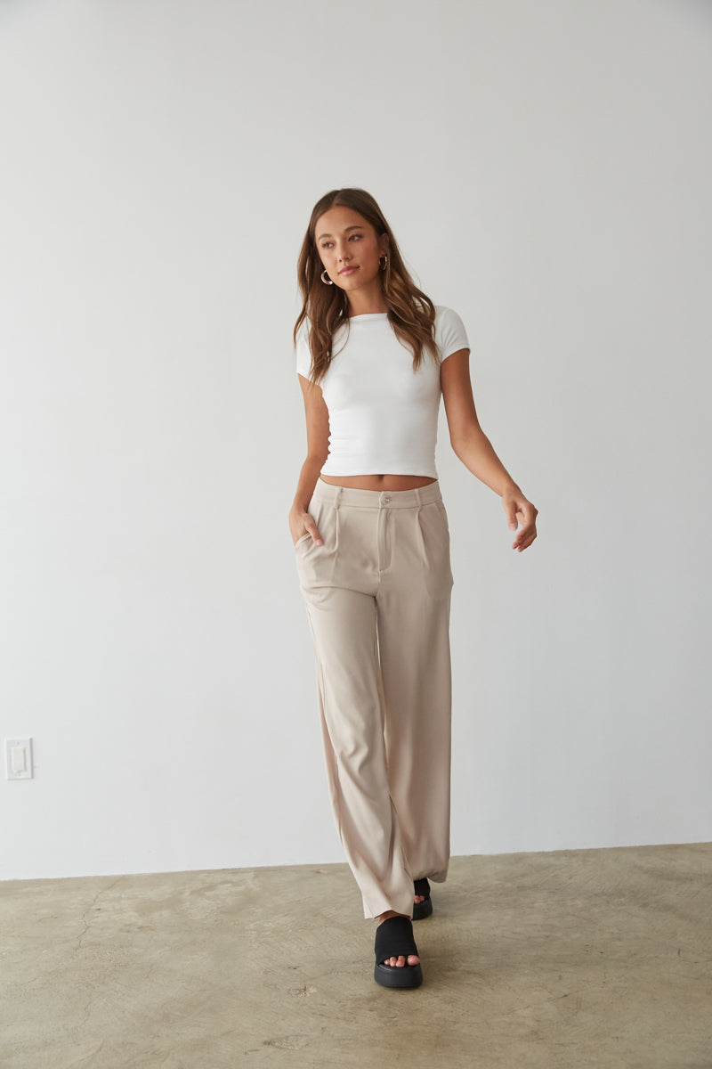 neutral wide leg trousers - button front dress pants - business casual outfit inspo