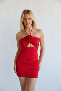 cherry red rosette detailed front cutout halter tie neck ruched bodycon mini dress - valentines day dress - dat night mini dress