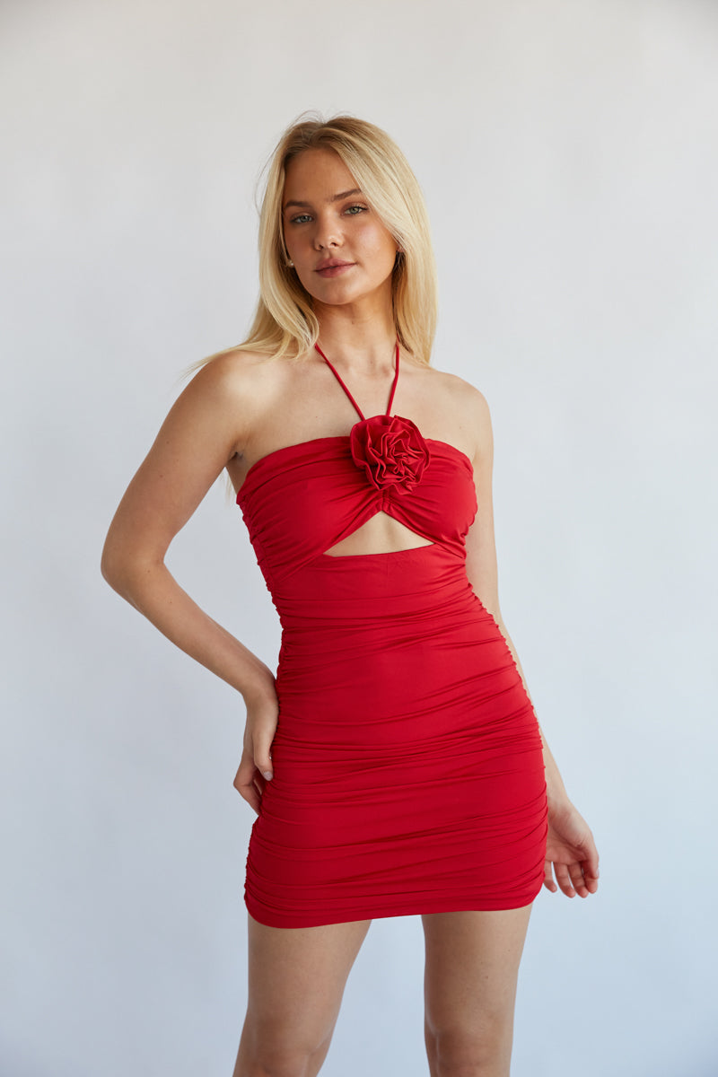 red hot ruched cocktail mini dress - semi formal mini dress boutique - red mini dress with front cutout rosette ruffle and all over ruched