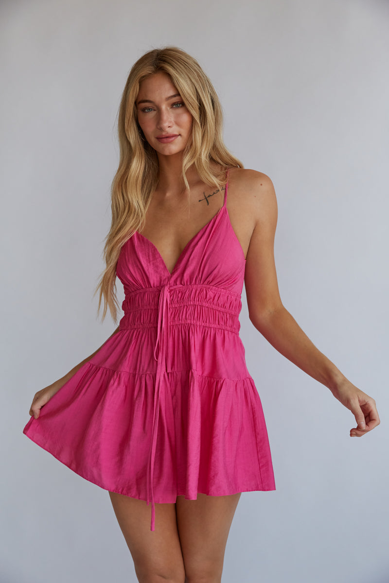 hot pink spaghetti strap romper - open tie back romper - summer vacation outfit inspo