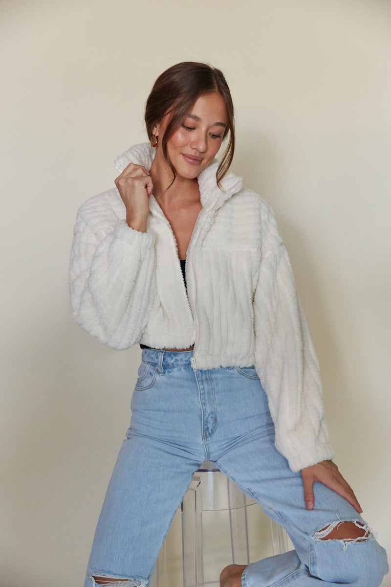 cream plush ultra soft and cozy cropped jacket | white fluffy coat 