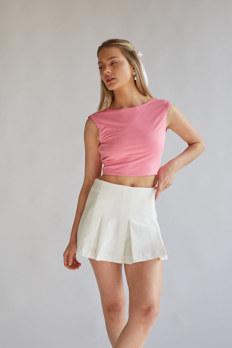 guava pink mock neck open back cropped tank top | rush day 2 pink top 