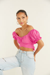 pink cropped ruffle wrap top - off shoulder puff sleeve top