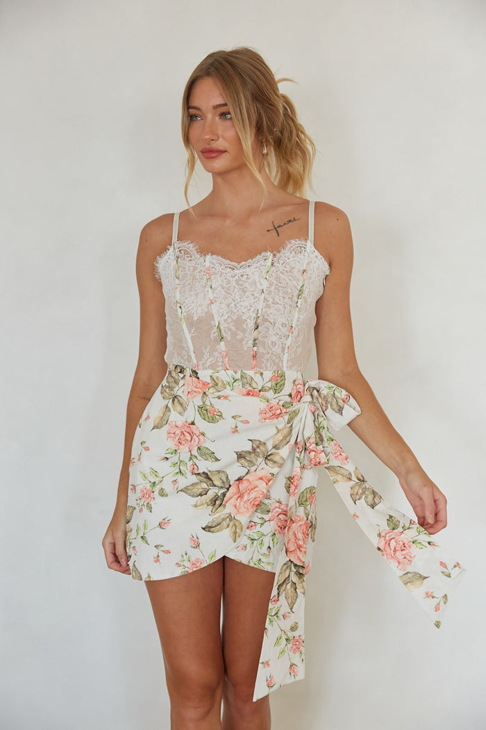 white lace corset floral wrap mini dress | spring rush dress
