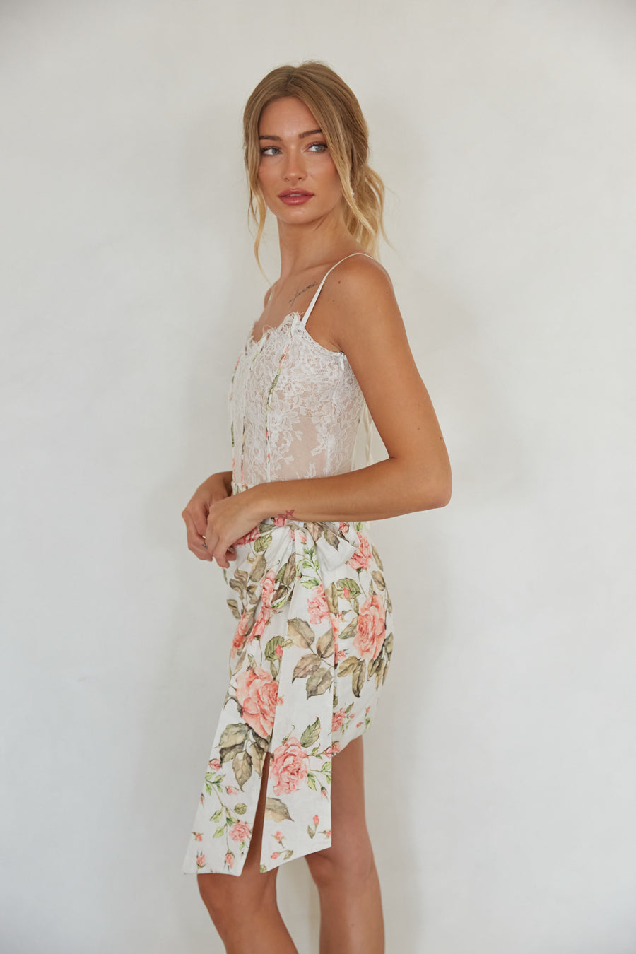 Mariah Floral Lace Corset Mini Dress, White Floral / S