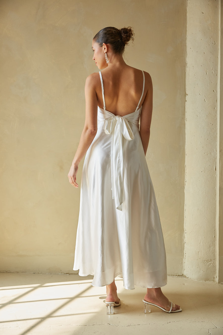 white bow back satin midid dress | elegant garden party dress