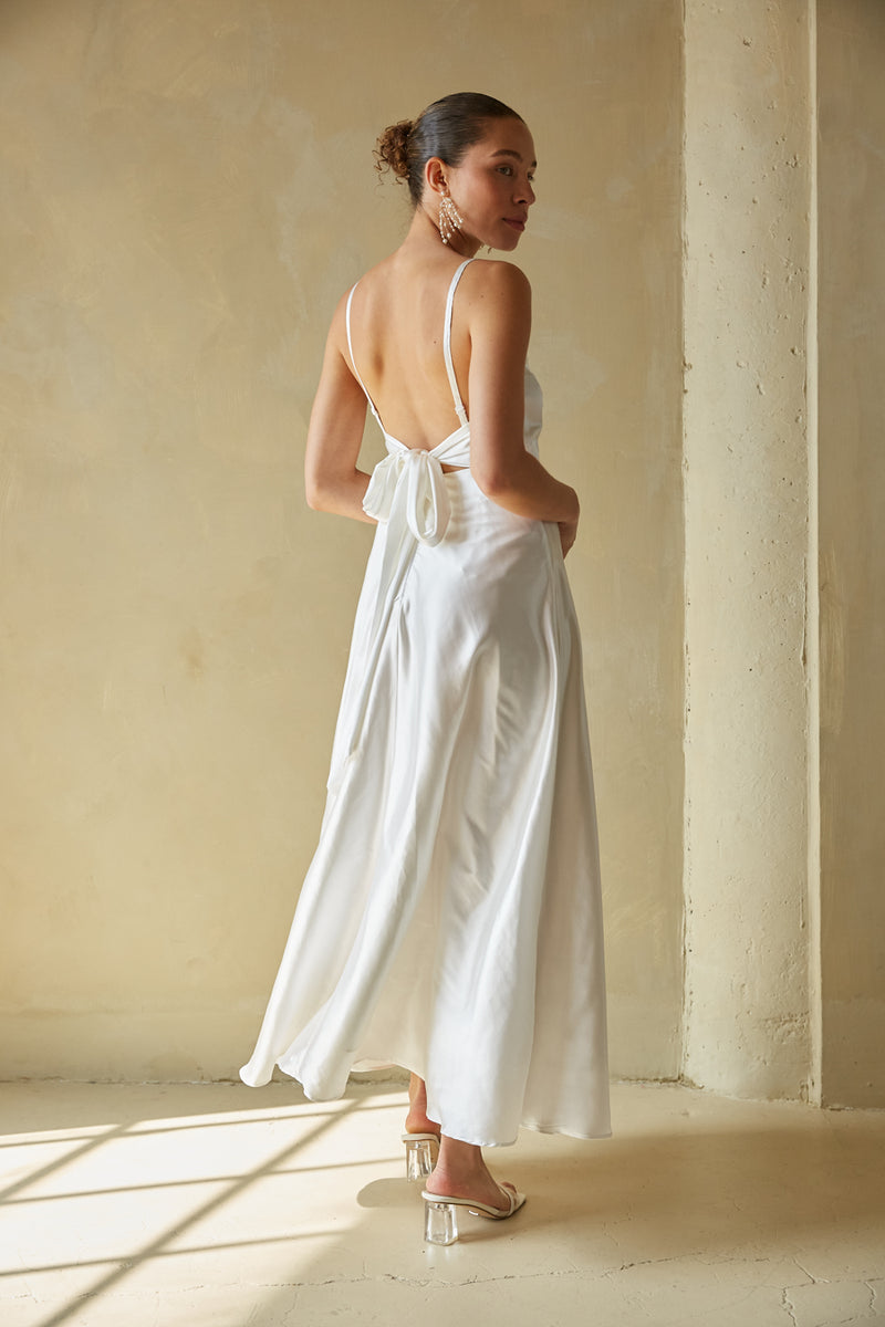 open back satin white maxi dress | fit and flare midi dress
