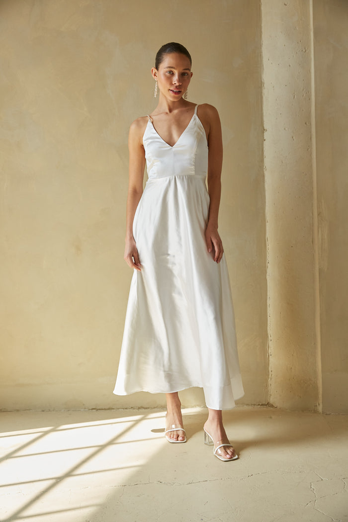 v neck spag strap mid length satin dress | white formal dresses