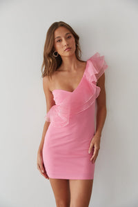 bubblegum pink mini dress with one shoulder organza shoulder feature