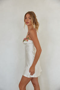 white satin mini slip dress with floral embroidery trim | summer outfit inspo